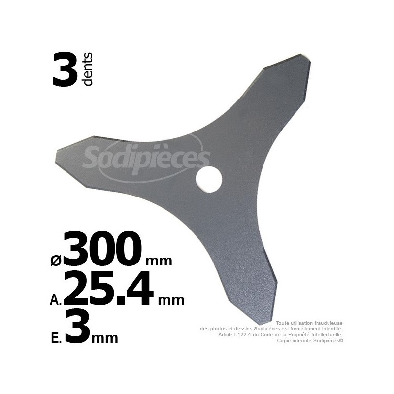Lame 3 dents Ø coupe 300 mm. Alésage 25,4 mm. Ep : 3 mm