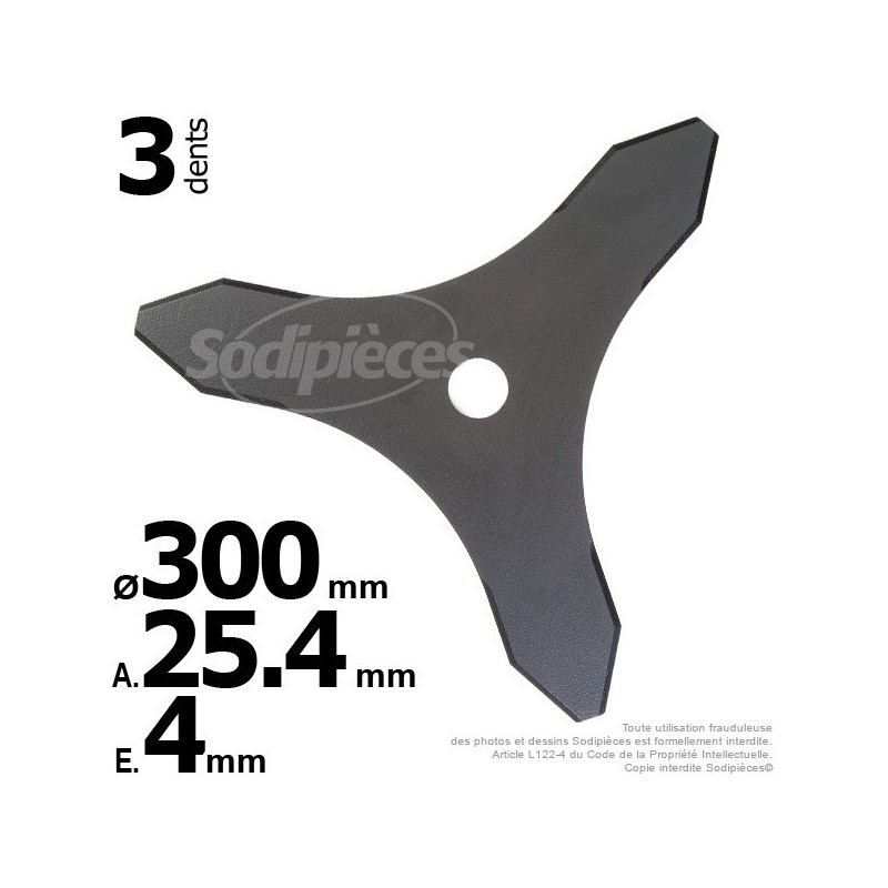 Lame 3 dents Ø coupe 300 mm. Alésage 25,4 mm. Ep : 4 mm.