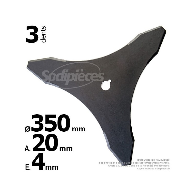 Lame 3 dents Ø coupe 350 mm. Alésage 20.0 mm. Ep : 4 mm