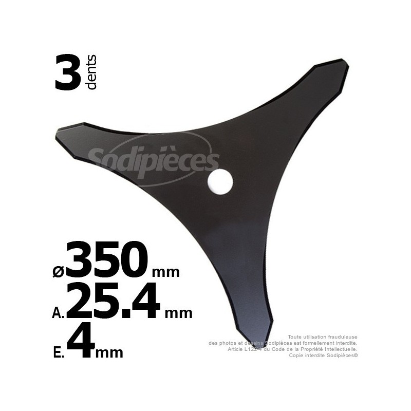 Lame 3 dents Ø coupe 350 mm. Alésage 25,4 mm. Ep : 4 mm