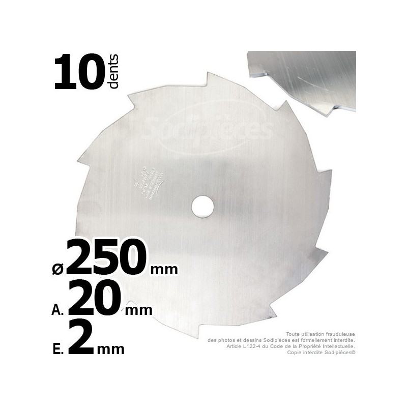 Lame débroussailleuse 10 dents Ø coupe 250 mm. Ale : 20 mm