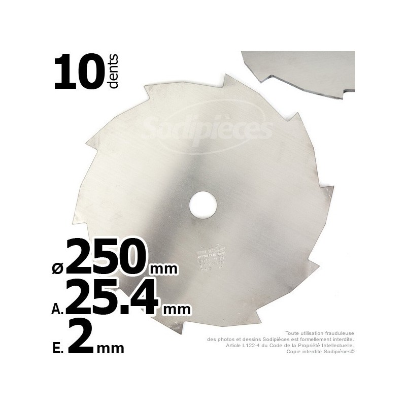 Lame débroussailleuse 10 dents Ø coupe 250 mm. Ale : 25,4 mm