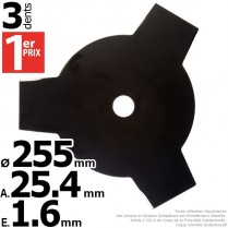 Lame débroussailleuse 3 dents Ø coupe 255 mm. Ale : 25,4 mm