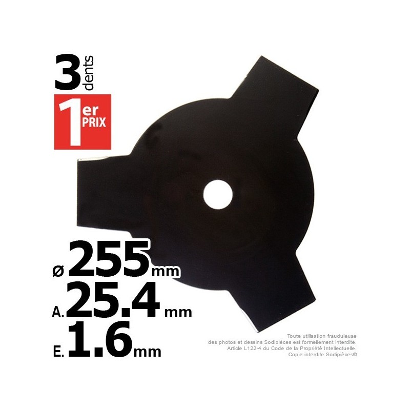 Lame débroussailleuse 3 dents Ø coupe 255 mm. Ale : 25,4 mm