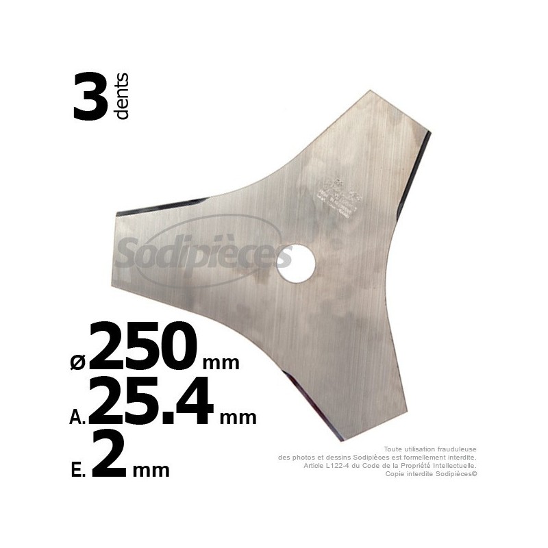 Lame débroussailleuse 3 dents Ø de coupe 250 mm. Ale : 25,4 mm