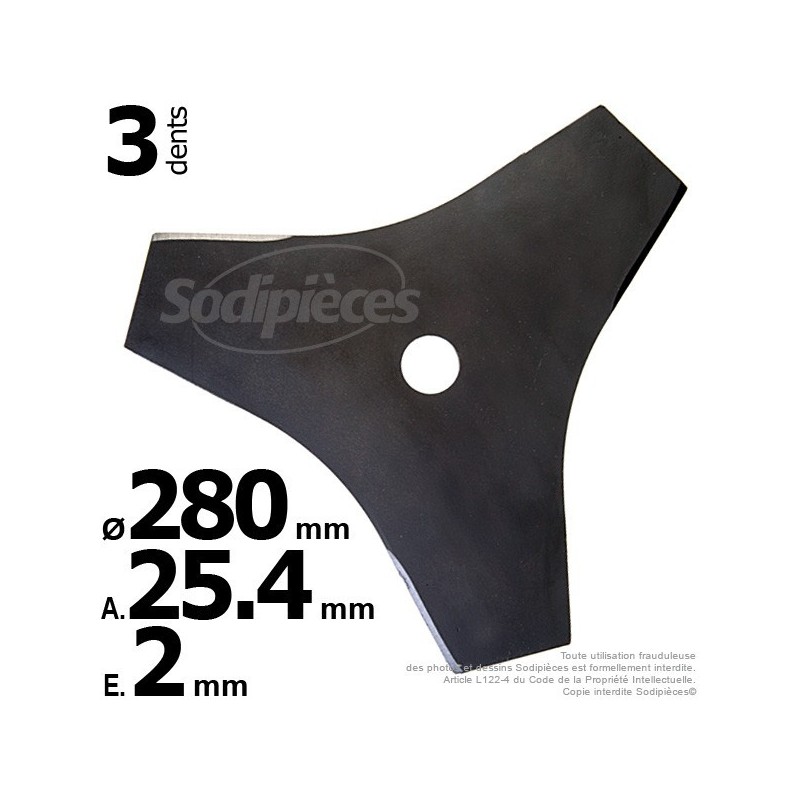 Lame débroussailleuse 3 dents Ø de coupe 280 mm. Ale : 25,4 mm