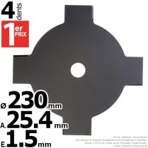 Lame débroussailleuse 4 dents Ø de coupe 230 mm. Ale : 25,4 mm