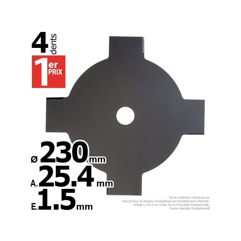 Lame débroussailleuse 4 dents Ø de coupe 230 mm. Ale : 25,4 mm