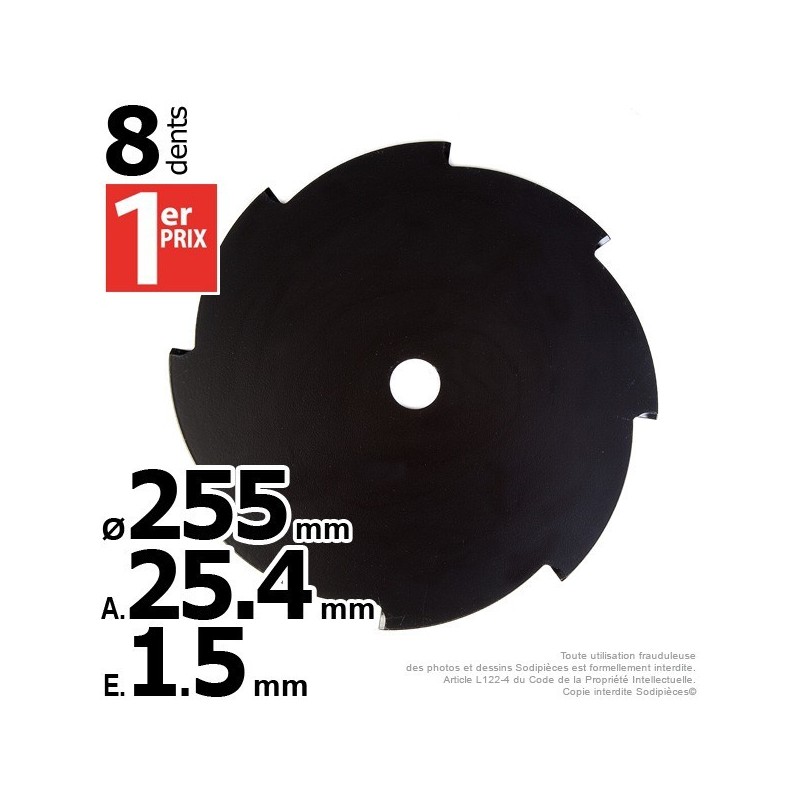 Lame 8 dents. Ø 255 mm. Al 25,4 mm. Ep 1,5 mm.