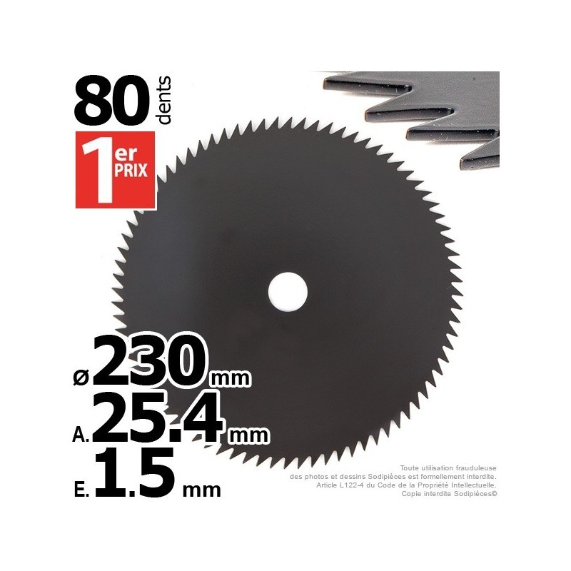 Lame 80 dents scie. Ø 230 mm. Al 25,4 mm. Ep 1,5 mm.