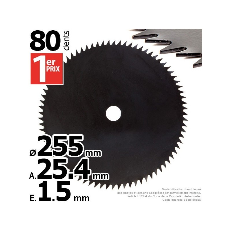 Lame 80 dents scie. Ø 255 mm. Al 25,4 mm. Ep 1,5 mm.