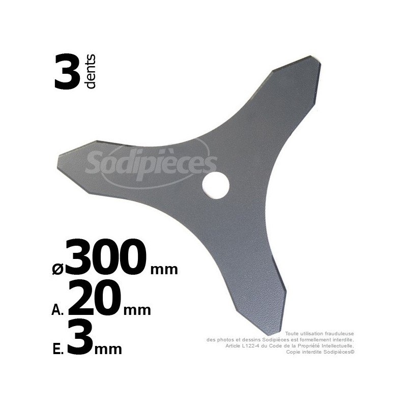 Lame 3 dents. Ø 300 mm. Al 20 mm. Ep 3 mm.