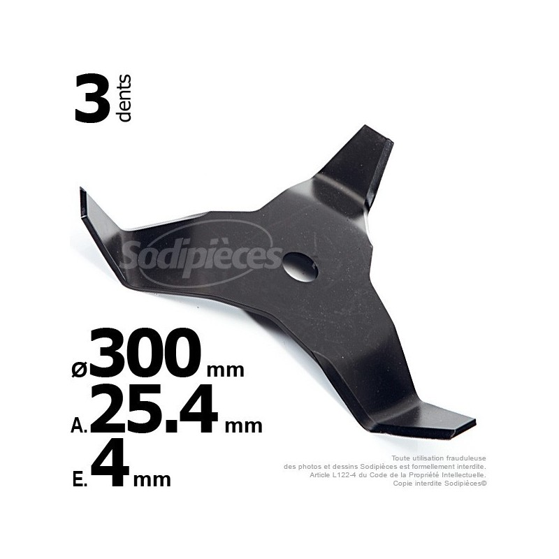 Lame 3 dents recourbées. Ø 300 mm. Al 25,4 mm. Ep 4 mm.