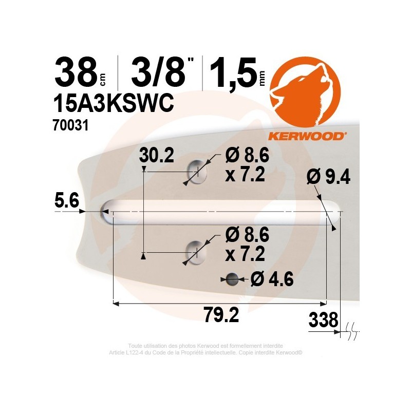 Guide tronçonneuse Kerwood. 38cm. 3/8". 1,5 mm.15A3KSWC