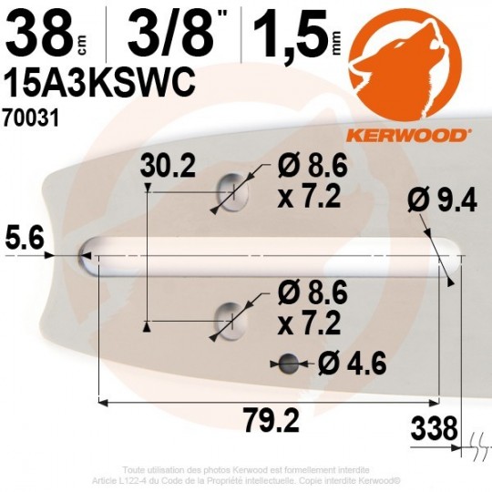 Guide tronçonneuse Kerwood. 38cm. 3/8". 1,5 mm.15A3KSWC