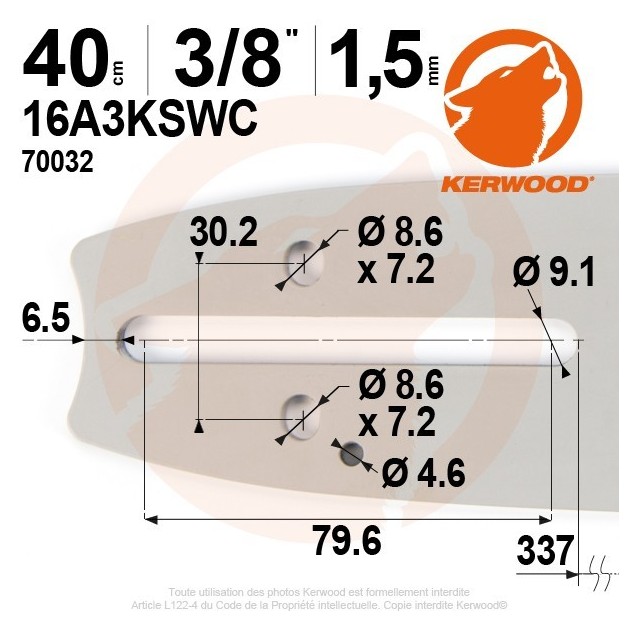 Guide tronçonneuse kerwood. 40cm. 3/8". 1,5 mm.16A3KSWC