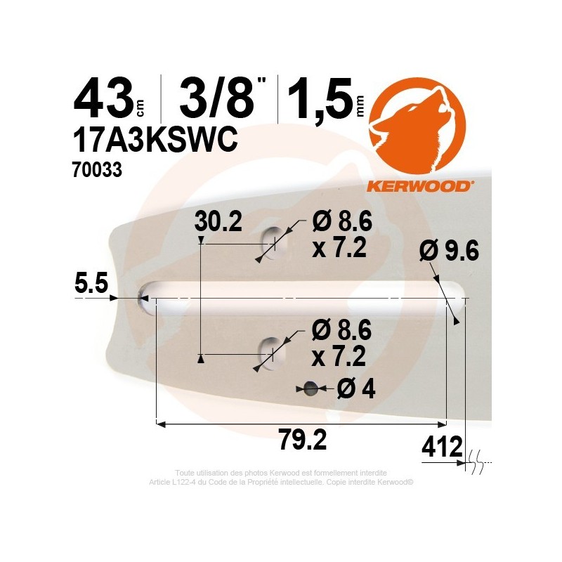 Guide tronçonneuse Kerwood. 43cm. 3/8". 1,5 mm. 17A3KSWC