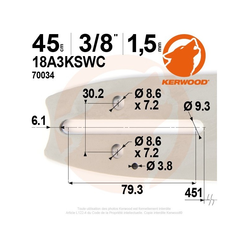 Guide tronçonneuse Kerwood. 45cm. 3/8". 1,5 mm.18A3KSWC