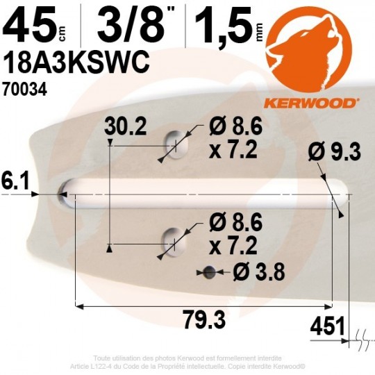 Guide tronçonneuse Kerwood. 45cm. 3/8". 1,5 mm.18A3KSWC