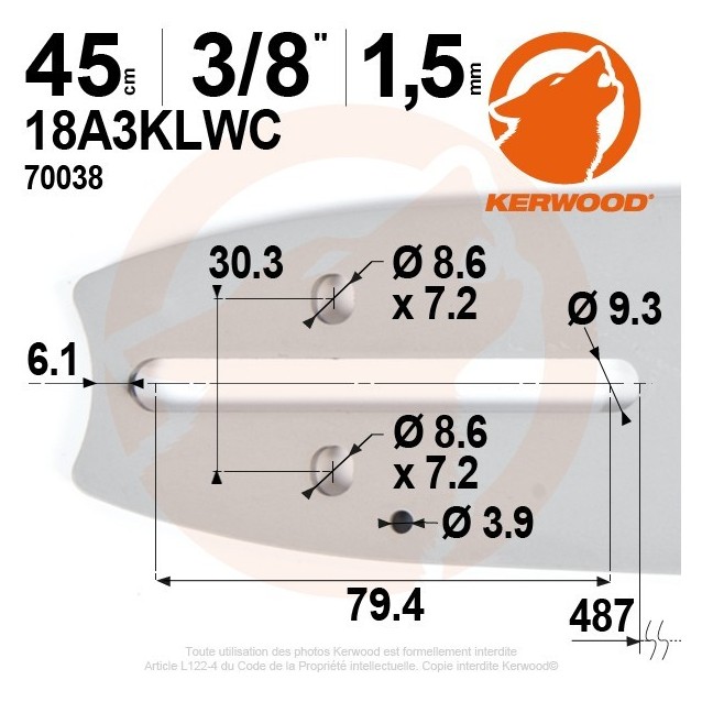 Guide tronçonneuse Kerwood. 45 cm. 3/8". 1,5 mm. 18A3KLWC