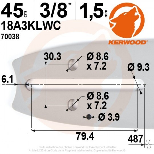 Guide tronçonneuse Kerwood. 45 cm. 3/8". 1,5 mm. 18A3KLWC