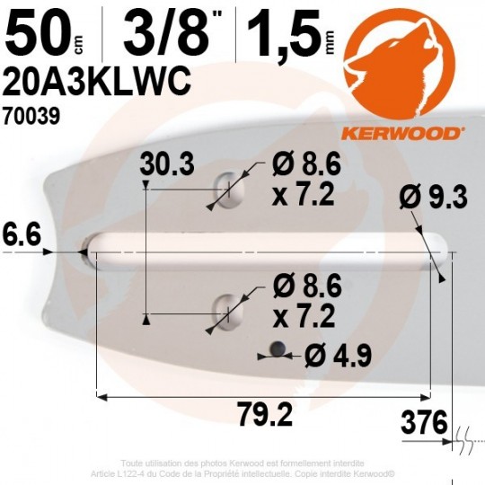 Guide tronçonneuse Kerwood. 50 cm. 3/8". 1,5 mm. 20A3KLWC
