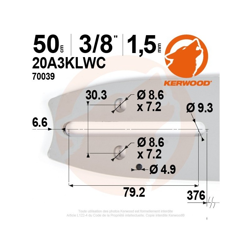 Guide tronçonneuse Kerwood. 50 cm. 3/8". 1,5 mm. 20A3KLWC