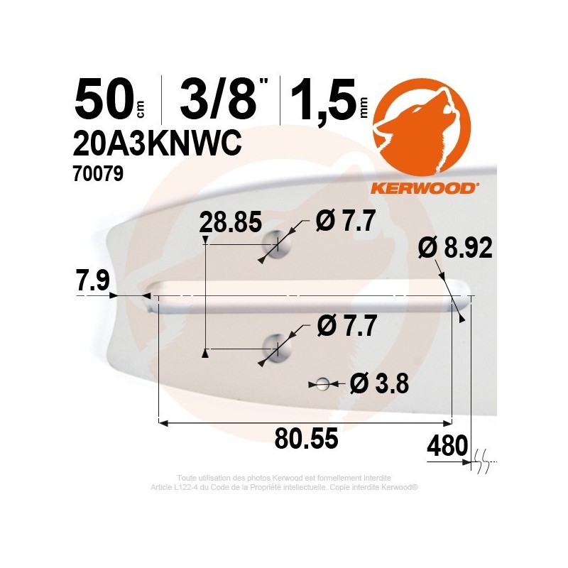 Guide tronçonneuse Kerwood. 50 cm, 3/8". 1,5 mm. 20A3KNWC