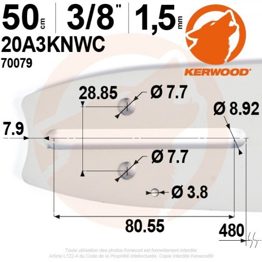 Guide tronçonneuse Kerwood. 50 cm, 3/8". 1,5 mm. 20A3KNWC