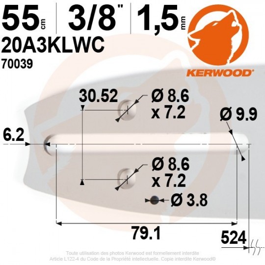 Guide tronçonneuse Kerwood. 55 cm, 3/8". 1,5 mm. 22A3KNWC