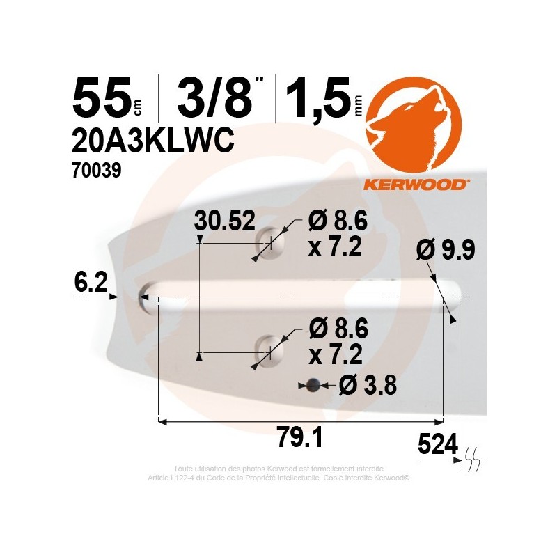 Guide tronçonneuse Kerwood. 55 cm, 3/8". 1,5 mm. 22A3KNWC