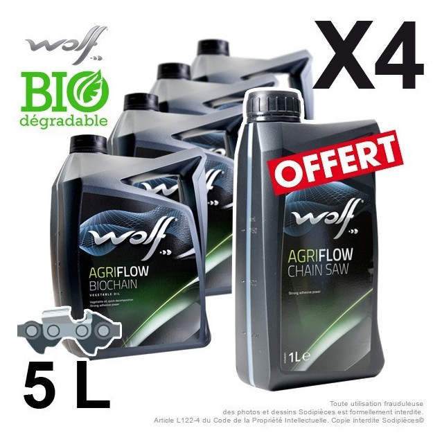 Huile biodégradable 5 litres. Par 4 + 1 litre offert