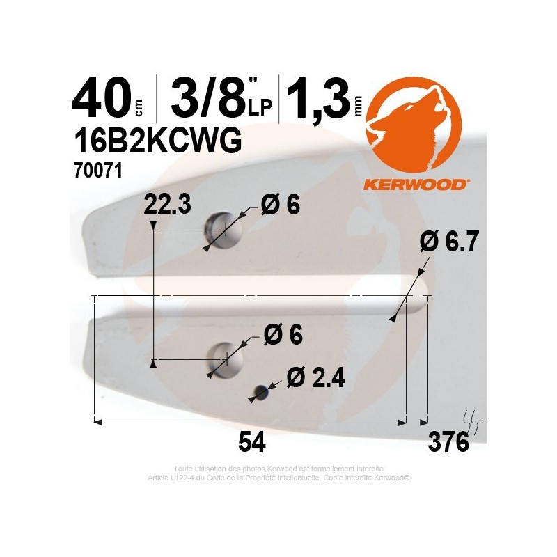 Guide tronçonneuse Kerwood. 40 cm, 3/8"LP. 1,3 mm. 16B2KCWG