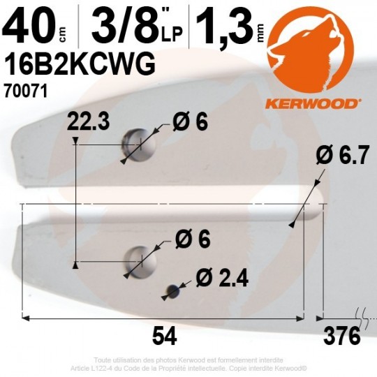 Guide tronçonneuse Kerwood. 40 cm, 3/8"LP. 1,3 mm. 16B2KCWG