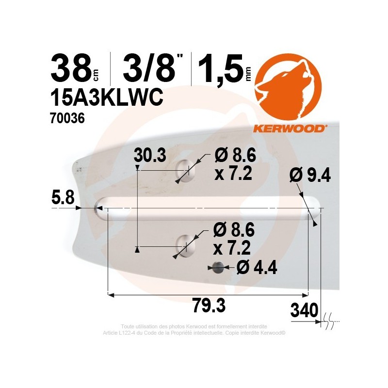 Guide tronçonneuse Kerwood. 38 cm. 3/8". 1,5 mm. 15A3KLWC