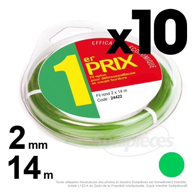 Fil débroussailleuse 1er Prix, rond 1,3 mm x 10 m. Par 10