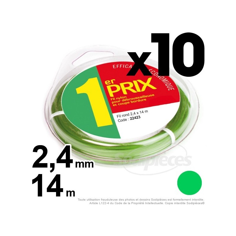 Fil débroussailleuse 1er Prix, rond 1,3 mm x 10 m. Par 10