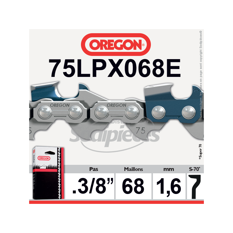 Chaîne tronçonneuse OREGON Super 70. 3/8". 1,6mm. 68 maillons