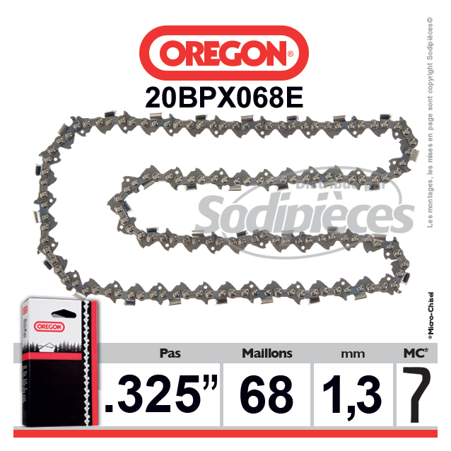 Chaîne tronçonneuse OREGON .325". 1,3 mm. 68 maillons
