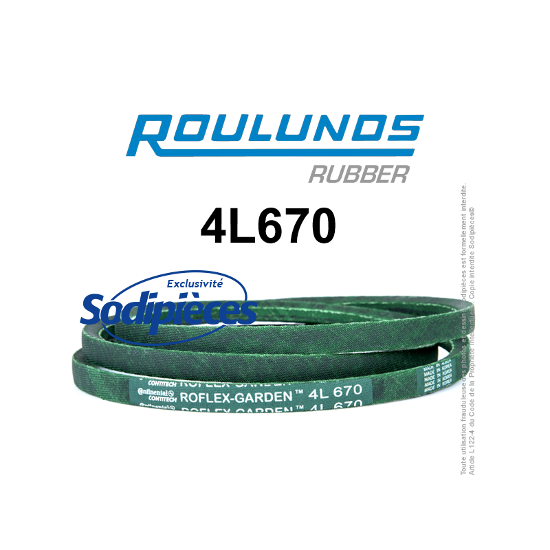 Courroie tondeuse 4L670 Roulunds Continental. 12.7  x 9 L. 1702 mm