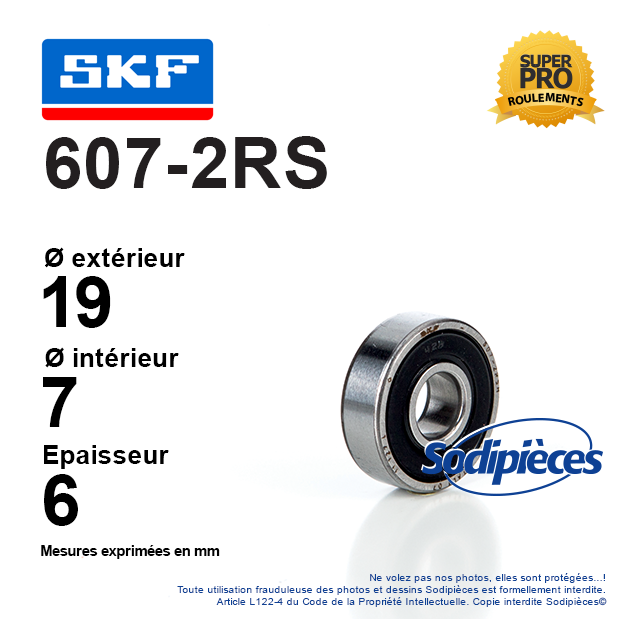 Roulement à billes 607-2RS SKF. Double étanchéité