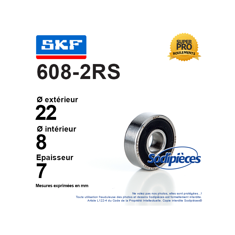 Roulement à billes 608-2RS SKF. Double étanchéité