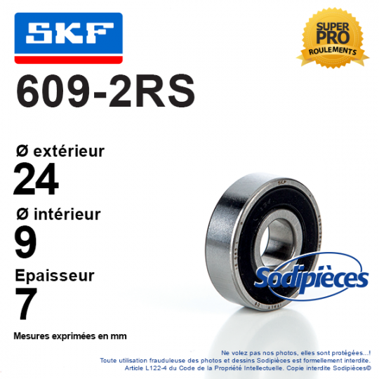 Roulement à billes 609-2RS SKF. Double étanchéité