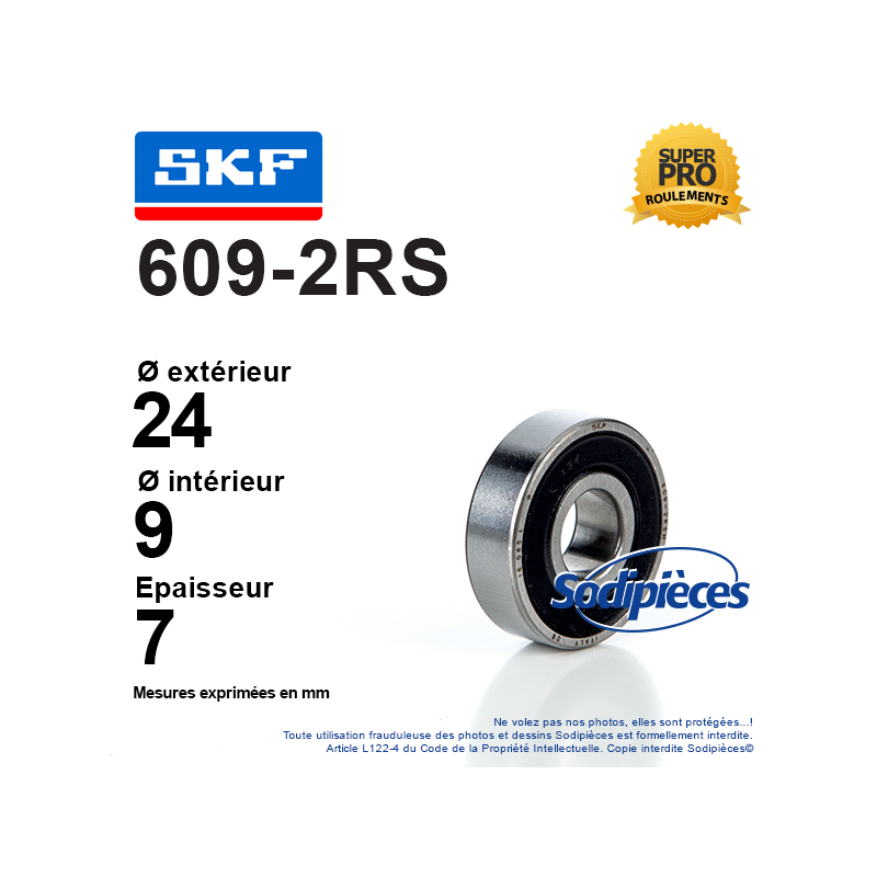 Roulement à billes 609-2RS SKF. Double étanchéité