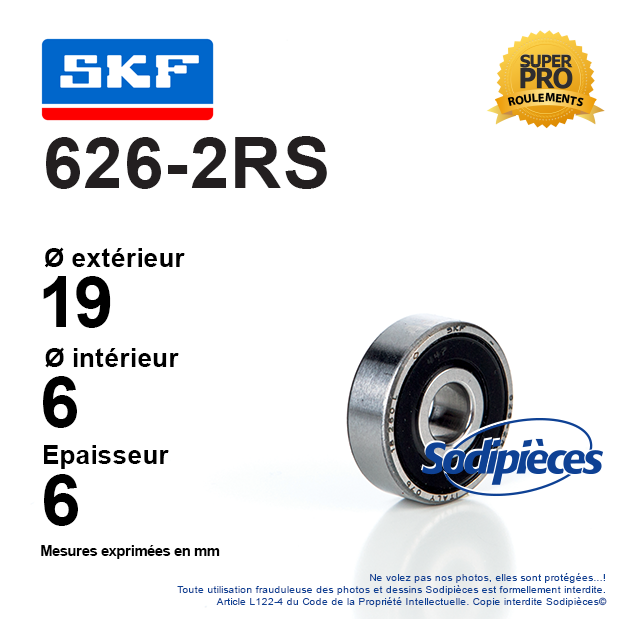 Roulement à billes 626-2RS SKF. Double étanchéité