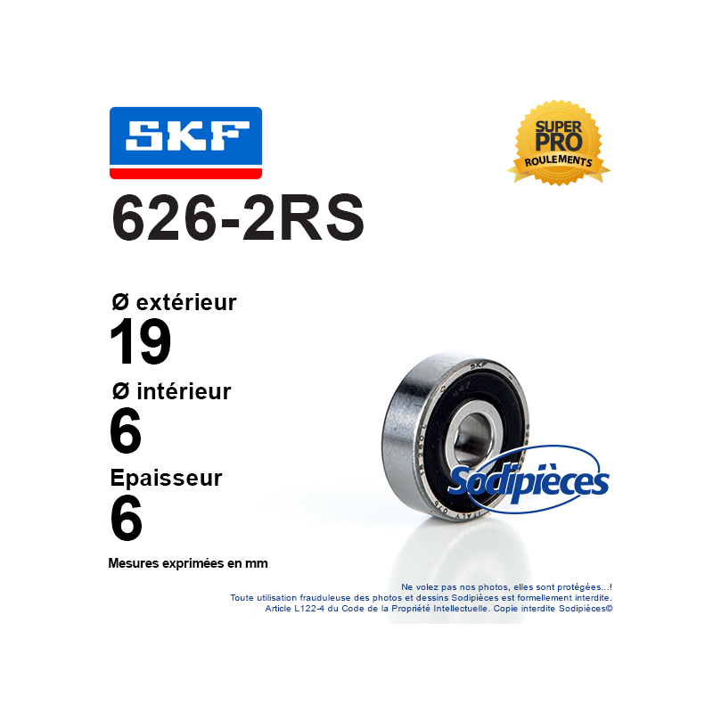 Roulement à billes 626-2RS SKF. Double étanchéité