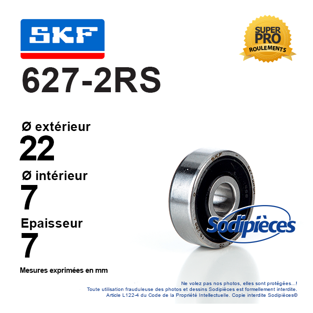 Roulement à billes 627-2RS SKF. Double étanchéité