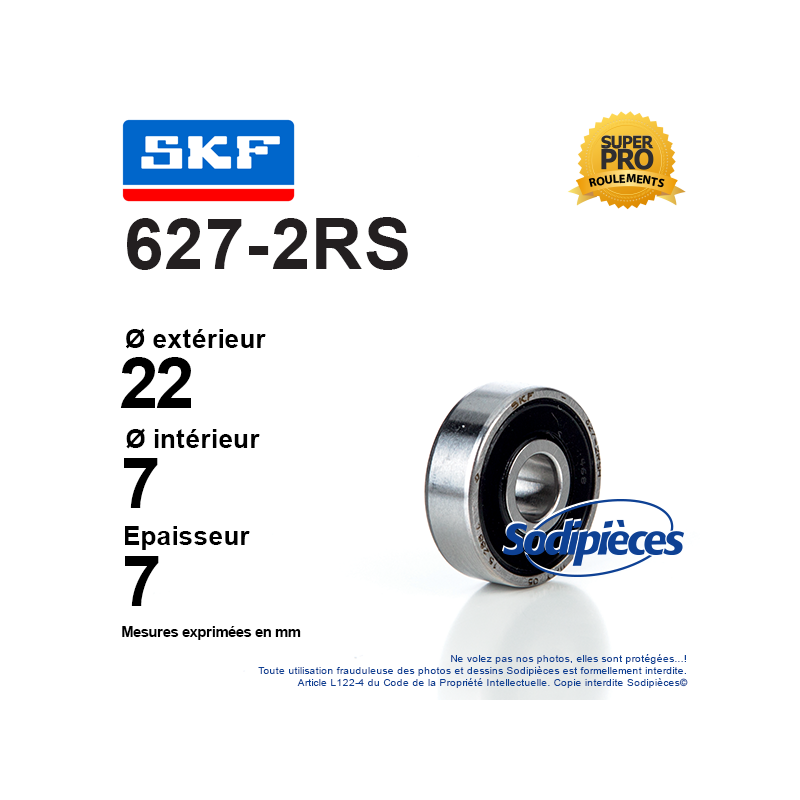 Roulement à billes 627-2RS SKF. Double étanchéité