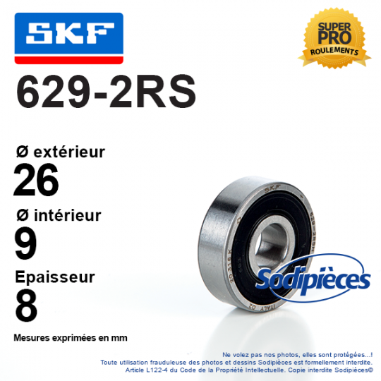 Roulement à billes 629-2RS SKF. Double étanchéité