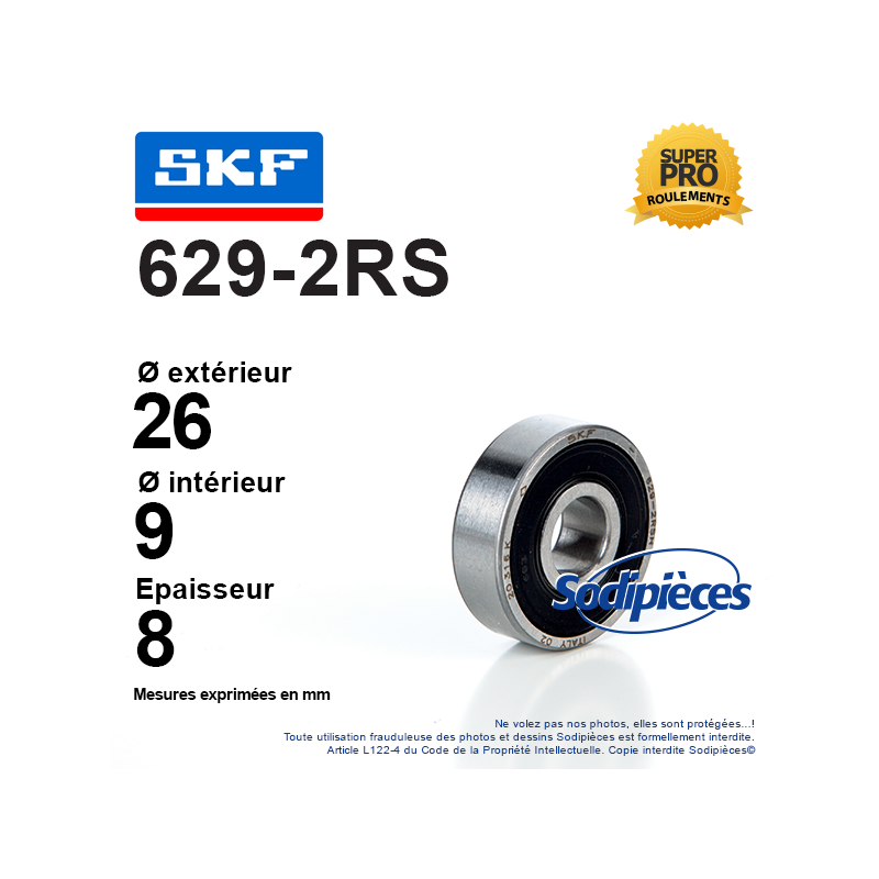 Roulement à billes 629-2RS SKF. Double étanchéité